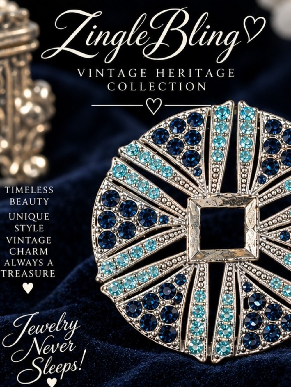 Vintage Heritage Blue Rhinestone Brooch Silver Tone Art Deco Geometric Pin